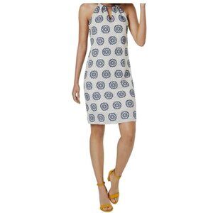 Trina Turk Women's White Blue Floral Halter Neck Sleeveless Shift Dress Size 10